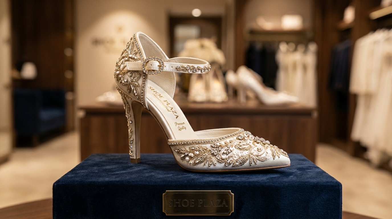 Intricate handcrafted bridal footwear detail at SHOE PLAZA