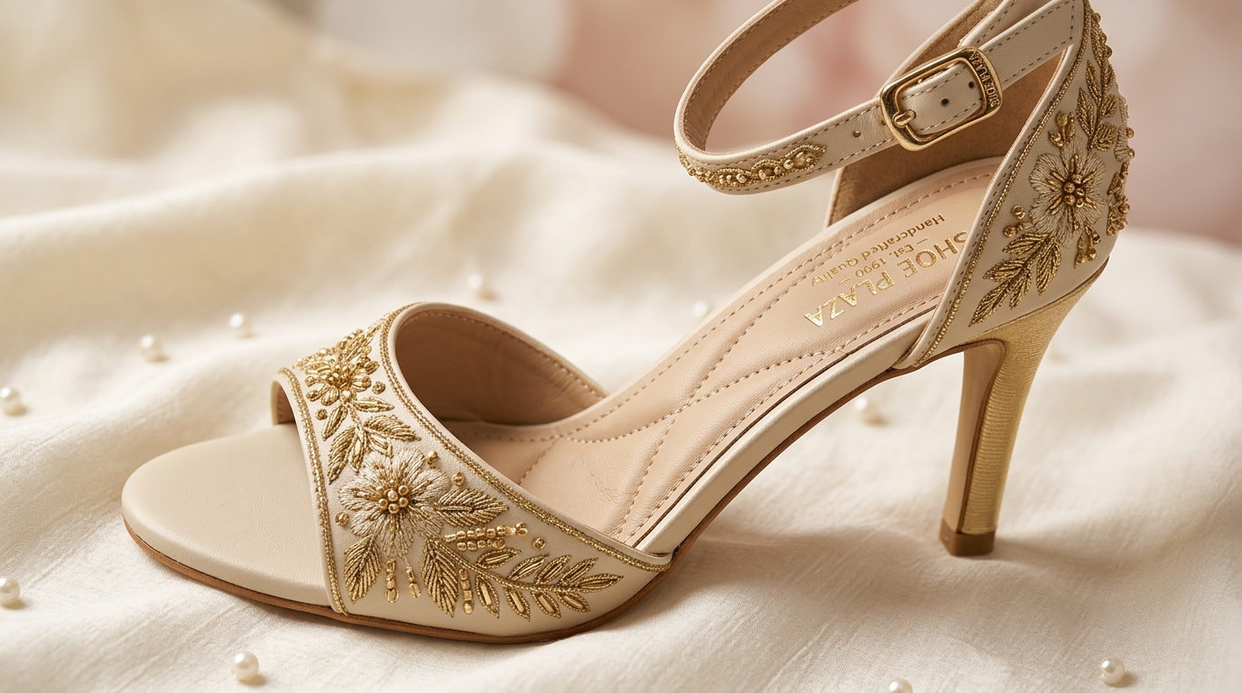 Intricate handcrafted ladies bridal footwear detail at SHOE PLAZA