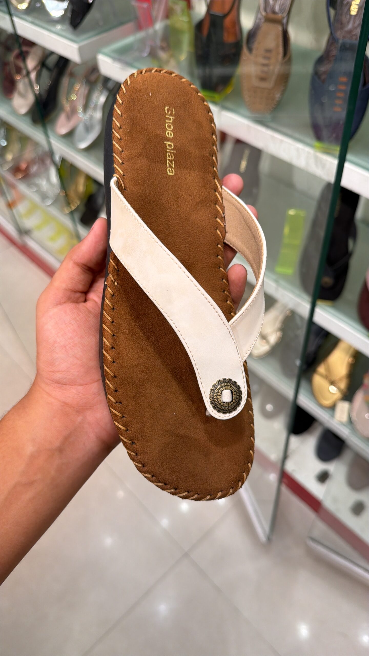 SHOE PLAZA Purasaiwakkam - Brown Suede Medallion Button Comfort Flat Sandal
