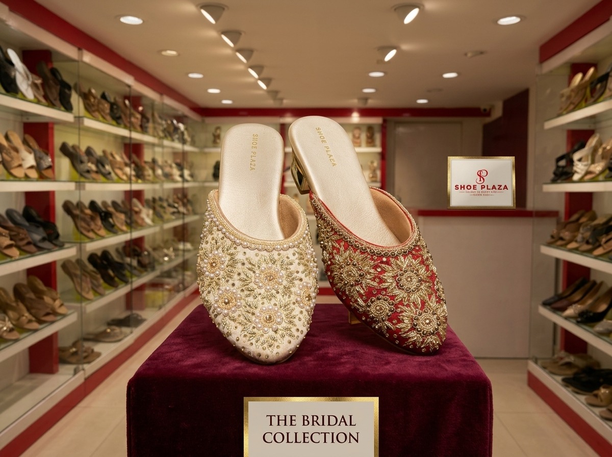 SHOE PLAZA Purasaiwakkam - Ivory Pearl & Red Zardozi Velvet Wedding Mules