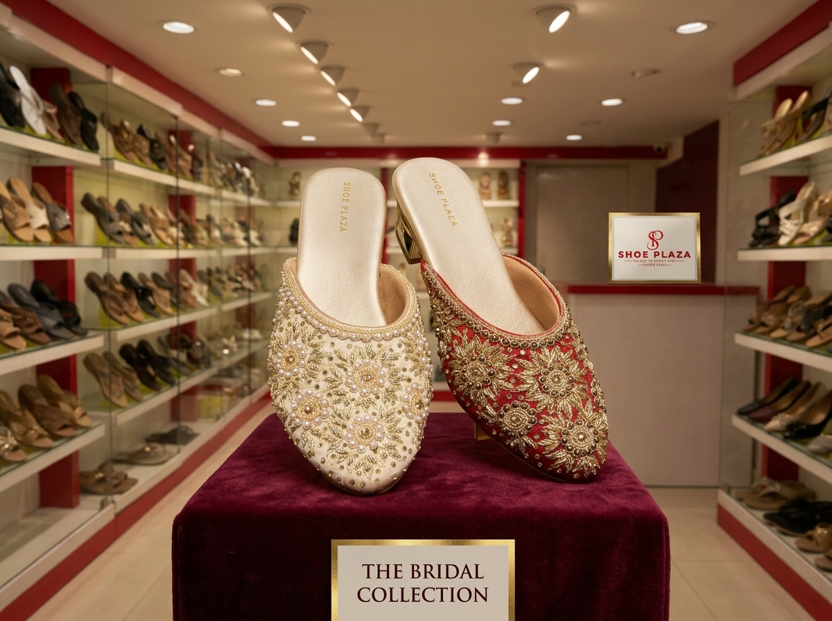 Ladies sandals in Chennai - Hand-embroidered bridal and ethnic flat sandals on velvet display at SHOE PLAZA